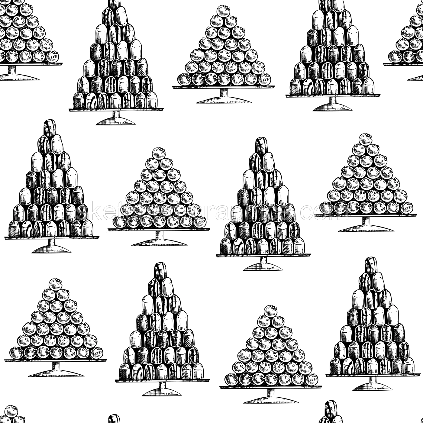Mallow puffs hand-drawn vector illustration. Schokokuss - delicious marshmallow filling on a waffle base sketch. Traditional Christmas market food seamless pattern Illustration